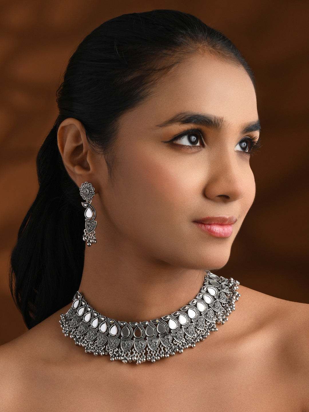 I Jewels Silver Plated Oxidised Mirror Work Ghungroo Jewellery Set