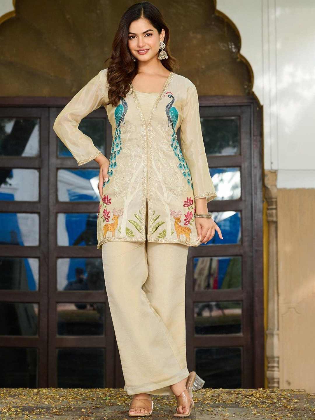 AUTUMN LANE Malti Dove Work Embroidered Square Neck Tunic With Trouser Co-Ords