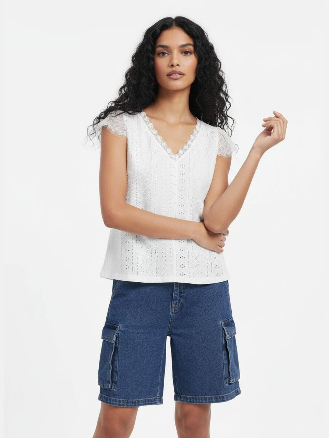 DressBerry Lace Flutter Sleeves Schiffli Design Top