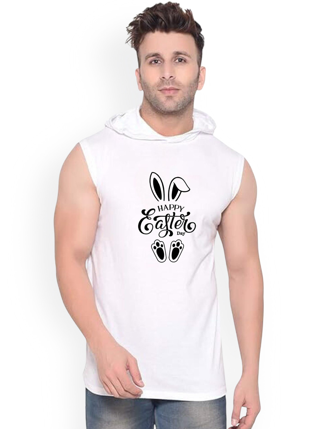 Fashnobic Men Happy Easter Printed Hooded-Neck Gym Vests