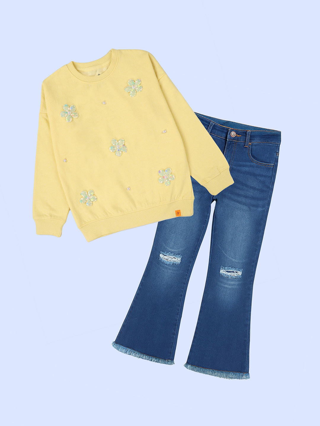 KiddoPanti Girls Embellished Cotton Blend Sweatshirt & Flared Distress Denim Jeans Co-Ords