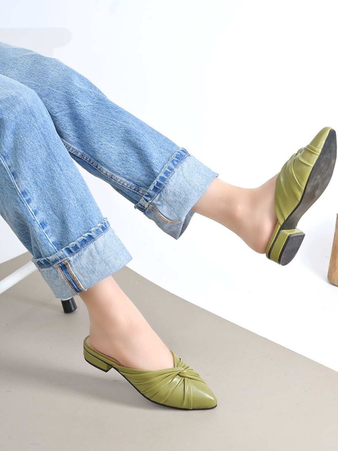 SZN Women Green Casual Open Back Synthetic Pointed Toe Block Heel Mules