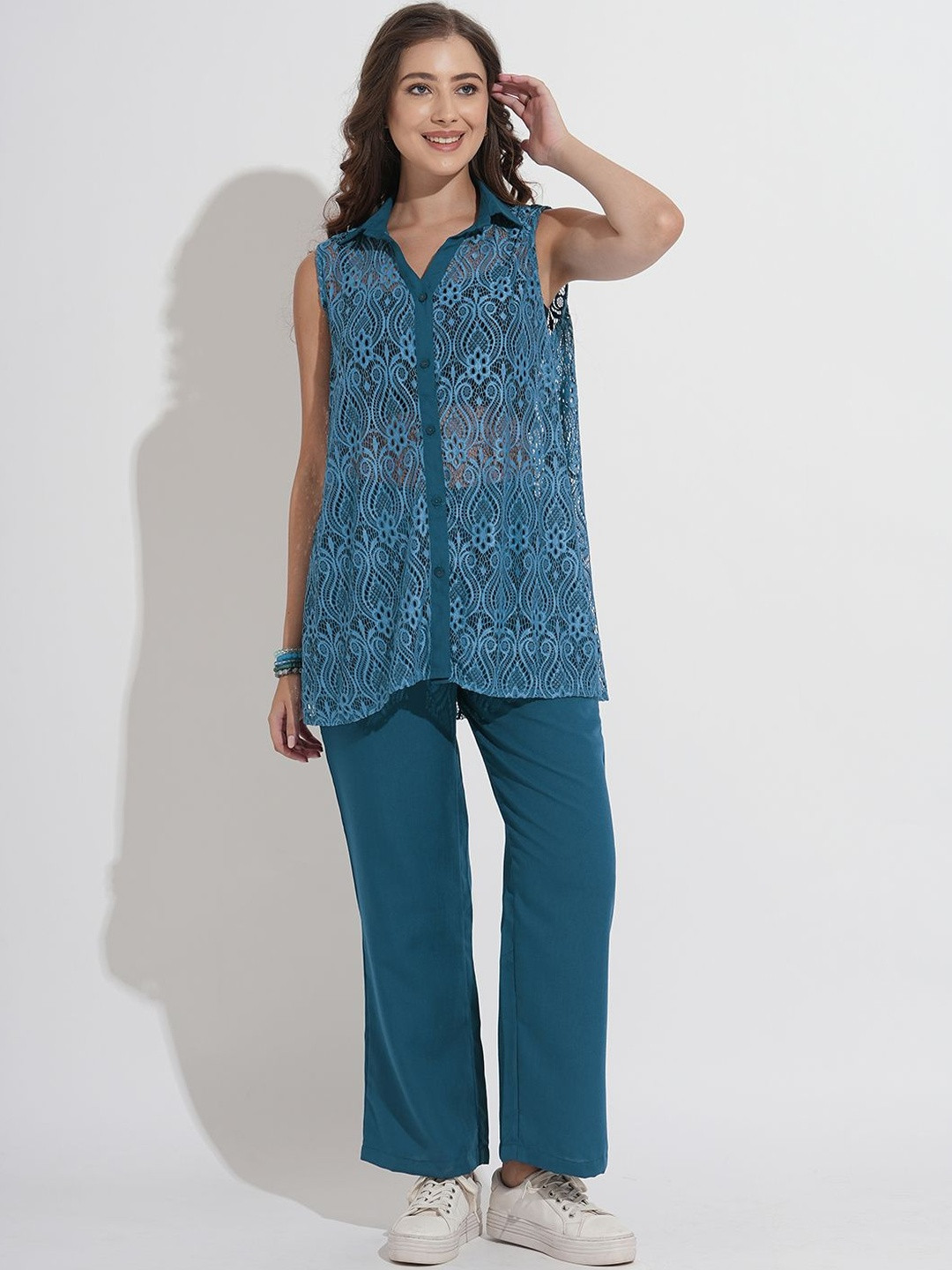 Murcia Women Teal Sheer Sleeveless Shirt With Solid Bottom Co-Ord Set