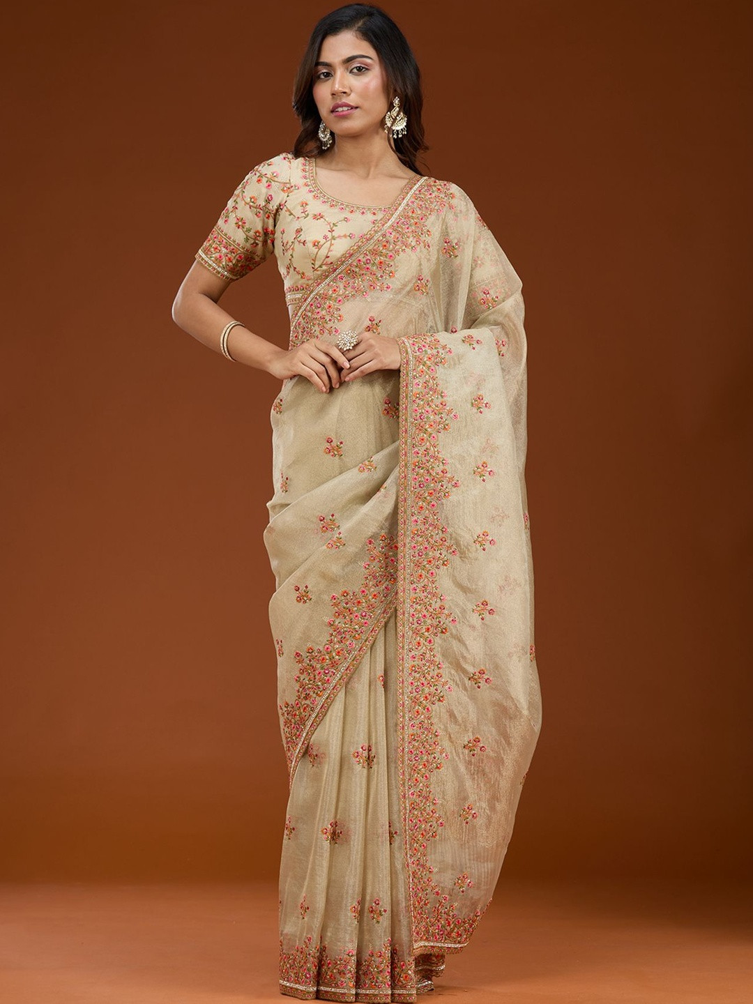 Koskii Beige Threadwork Saree