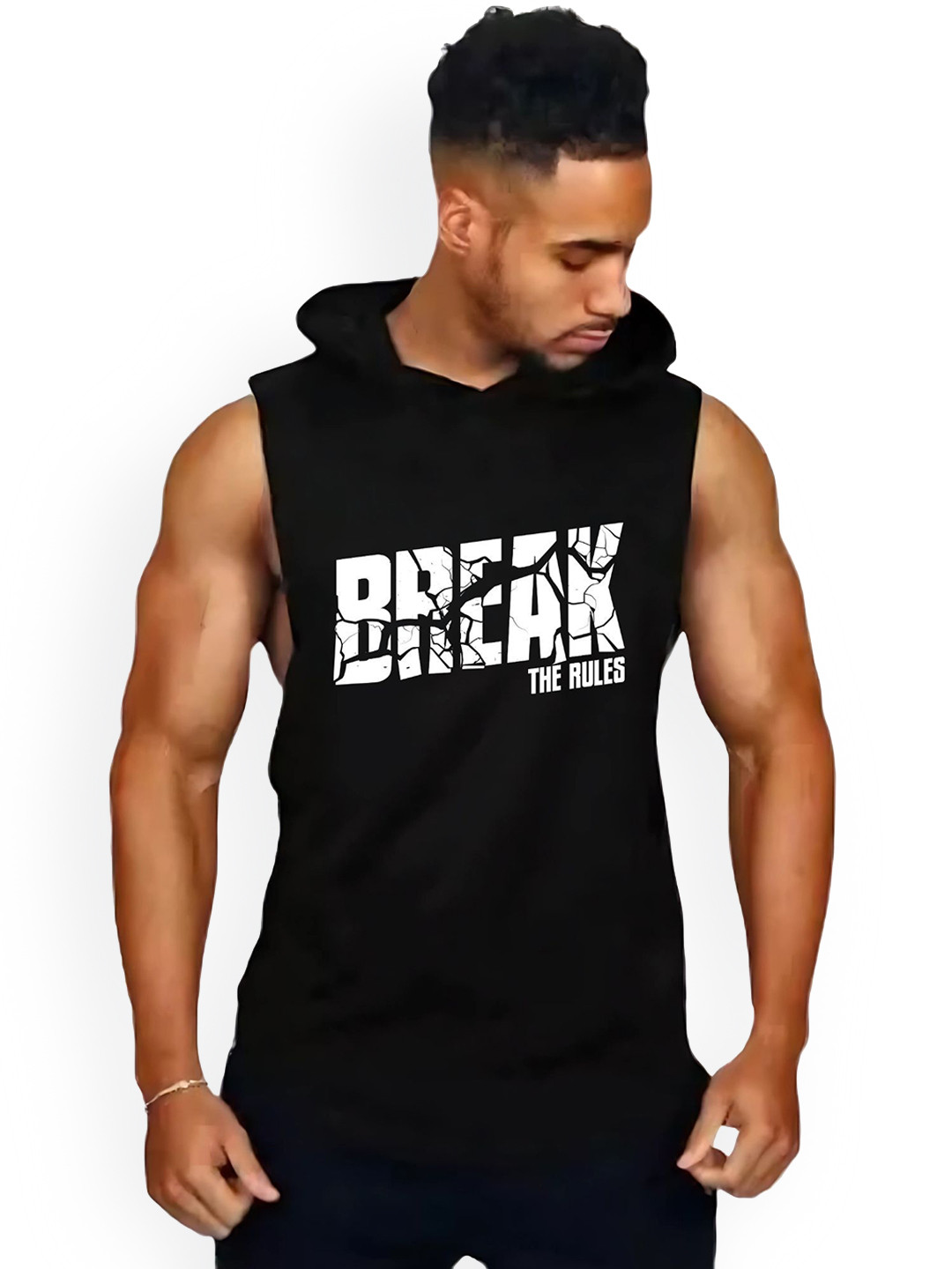 Fashnobic Men Break The Rules Printed Hooded Neck Cotton Gym Vest