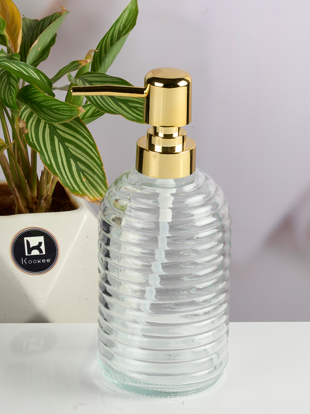 Kookee Transparent & Gold-Toned Textured Glass Soap Dispenser-400 ml