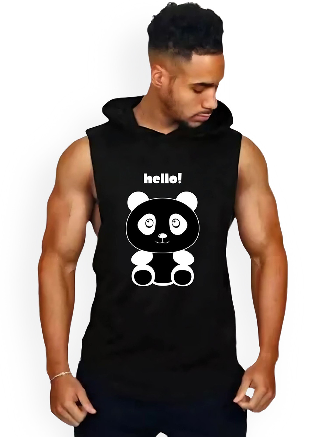 Fashnobic Men Hello Printed Hooded Cotton Gym Vest