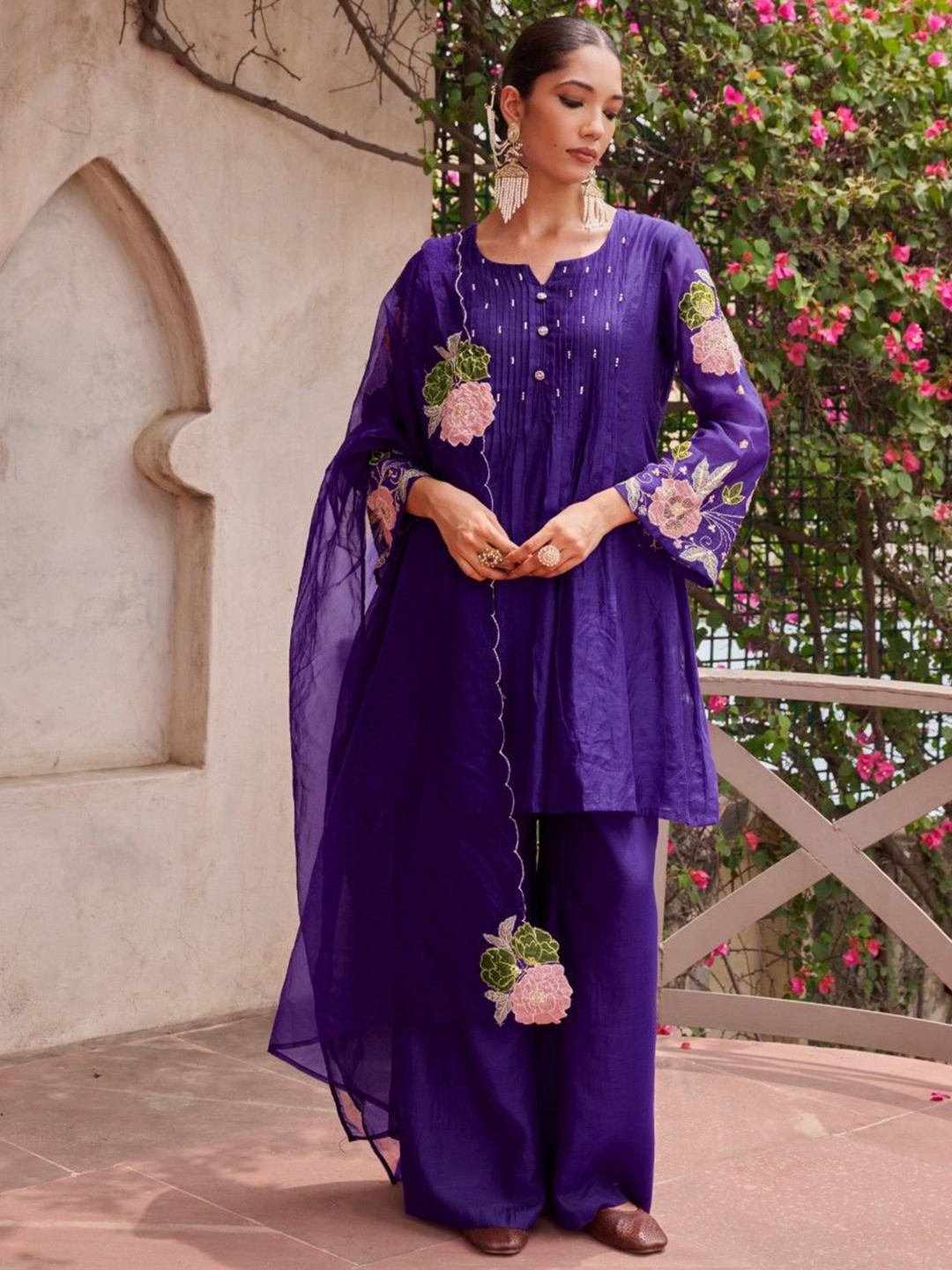 AUTUMN LANE Women Floral Embroidered Tiered Thread Work Kurta with Palazzos & Dupatta