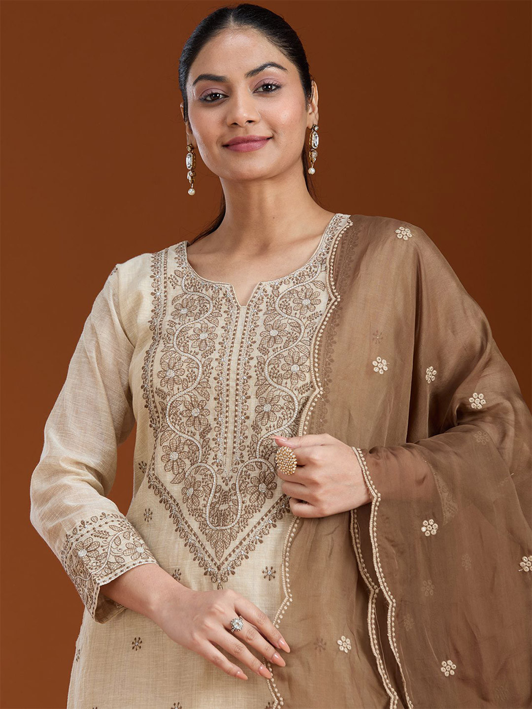 Koskii Women Beige Threadwork Chanderi Ready Made Salwar Suit