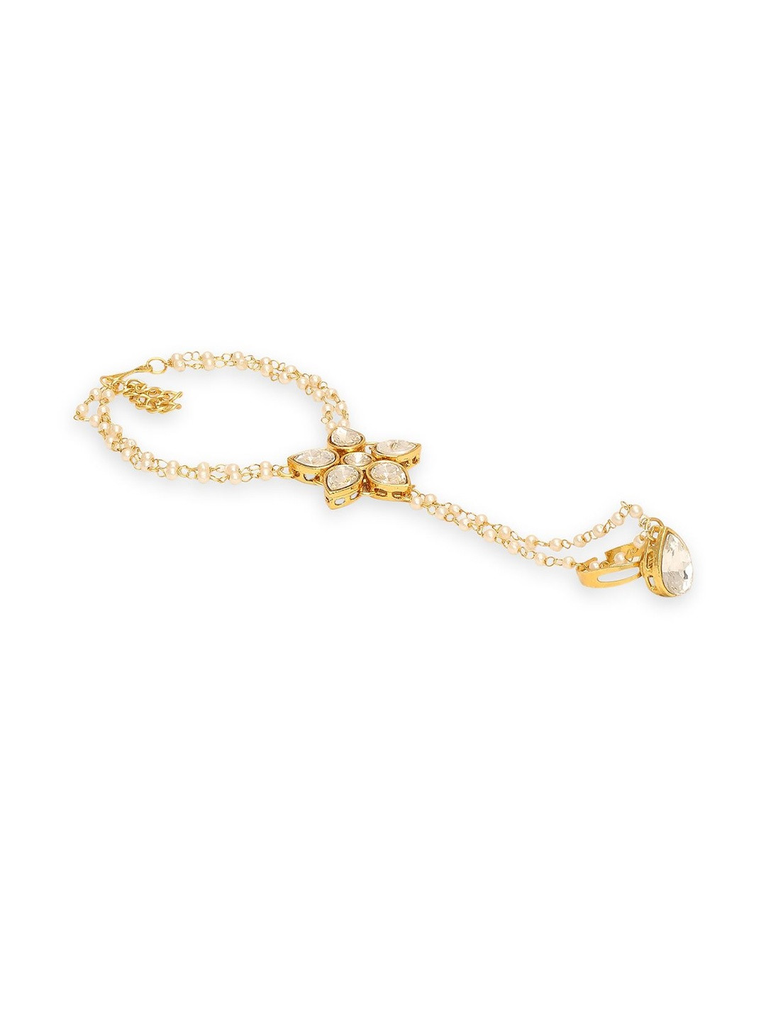 OOMPH Hathphool Kundan Studded & Pearls Beaded Ring Bracelet