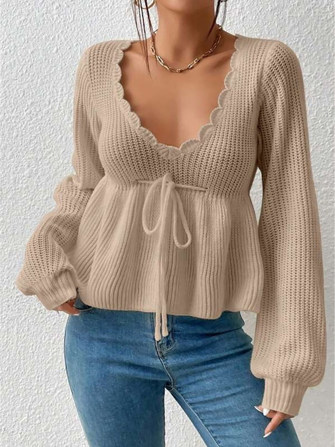 StyleCast Khaki Ribbed V-Neck Long Sleeves Peplum Top