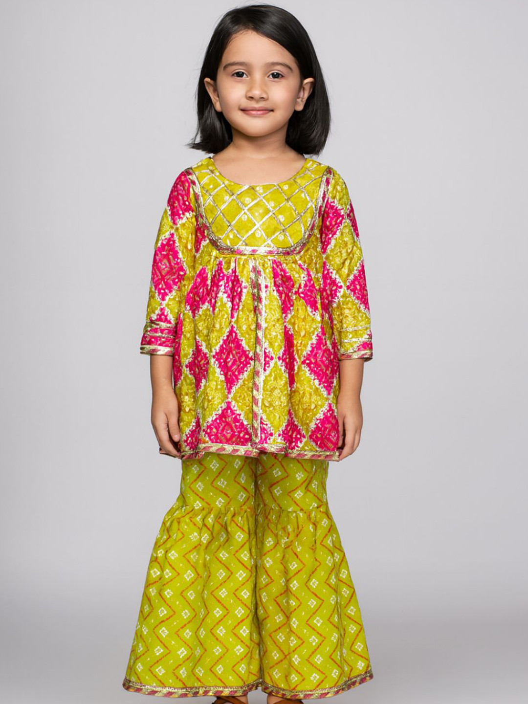 Sangria Girls Mustard & Pink Ethnic Motifs Printed Cotton Blend Short Kurta With Sharara
