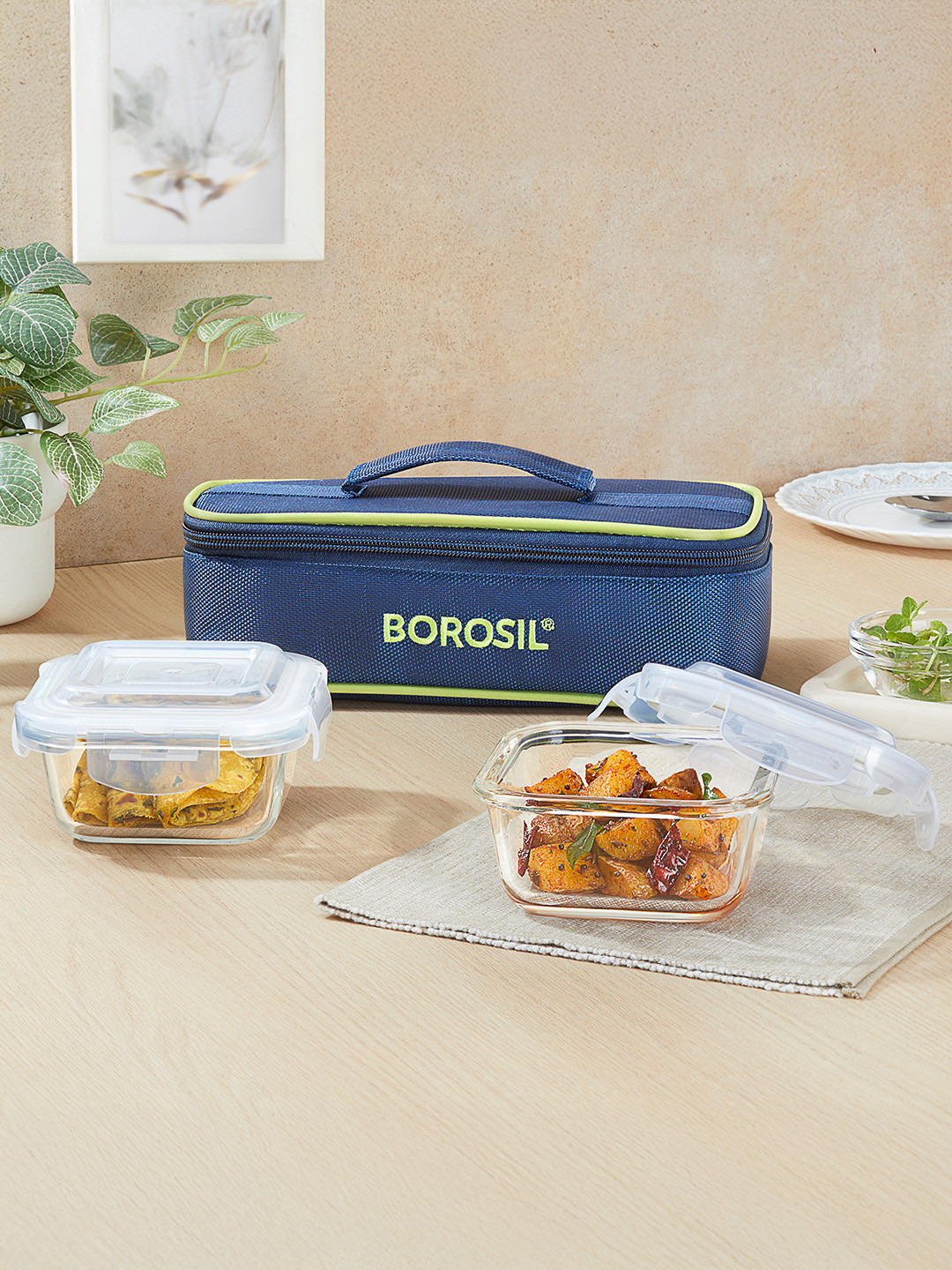 BOROSIL Klip-N-Store Horizontal Glass Microwave Safe 2PCs Lunch Box With Spoon and Fork