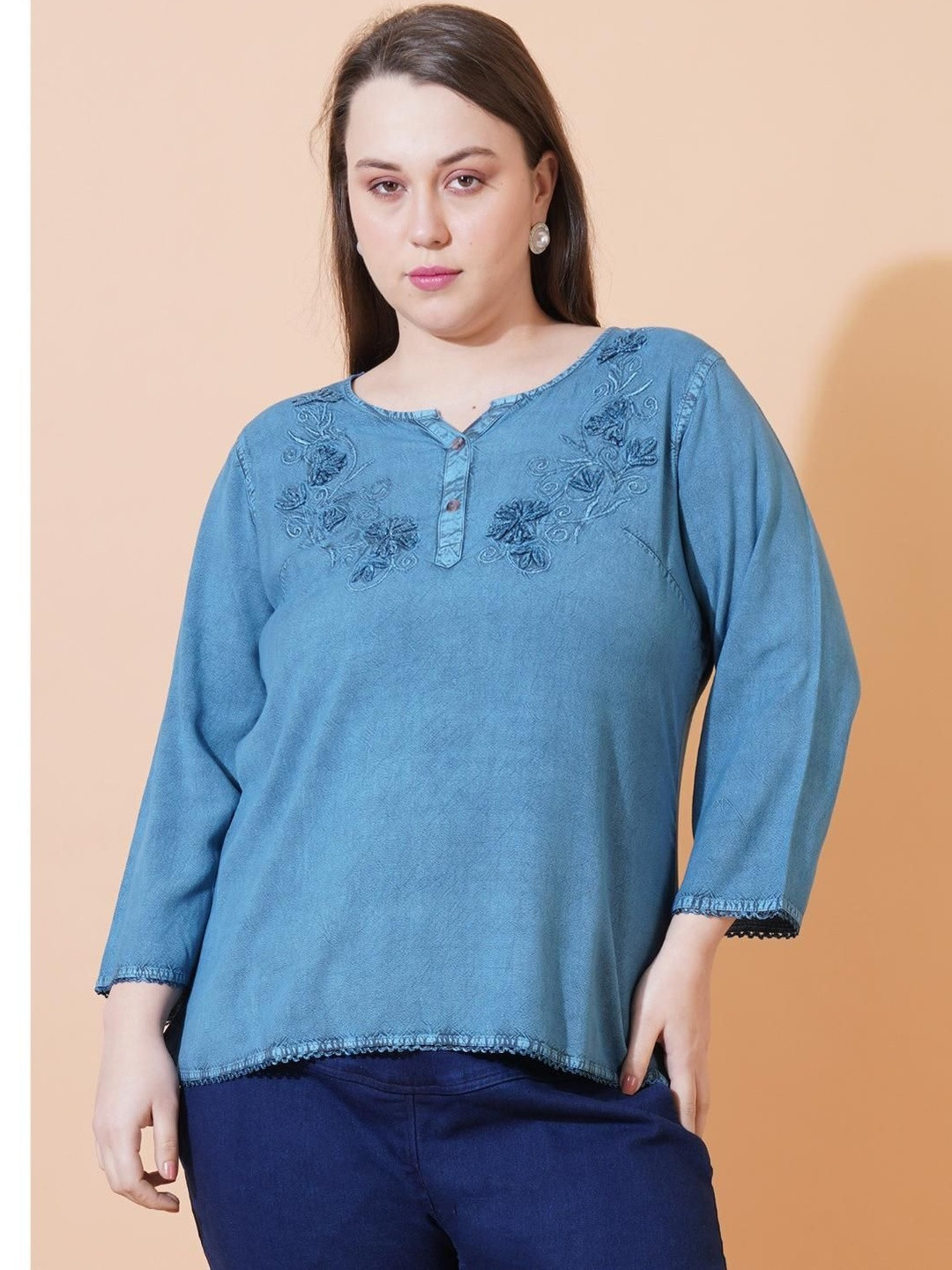 Cherimoda Blue Women's Rayon Embroidery Top