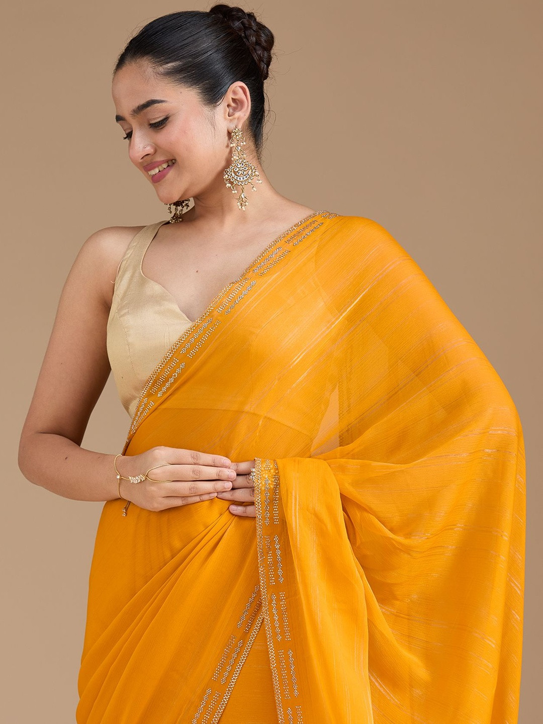 Koskii Embroidered Border Beads and Stones Chiffon Saree