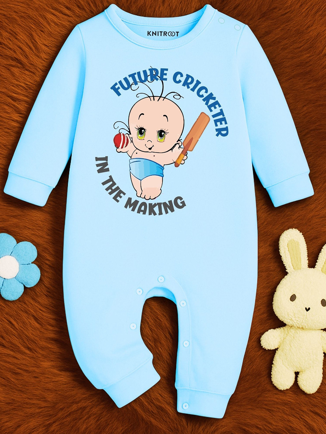 KNITROOT Infants Future Cricketer In The Making Theme Cotton Round Neck Rompers