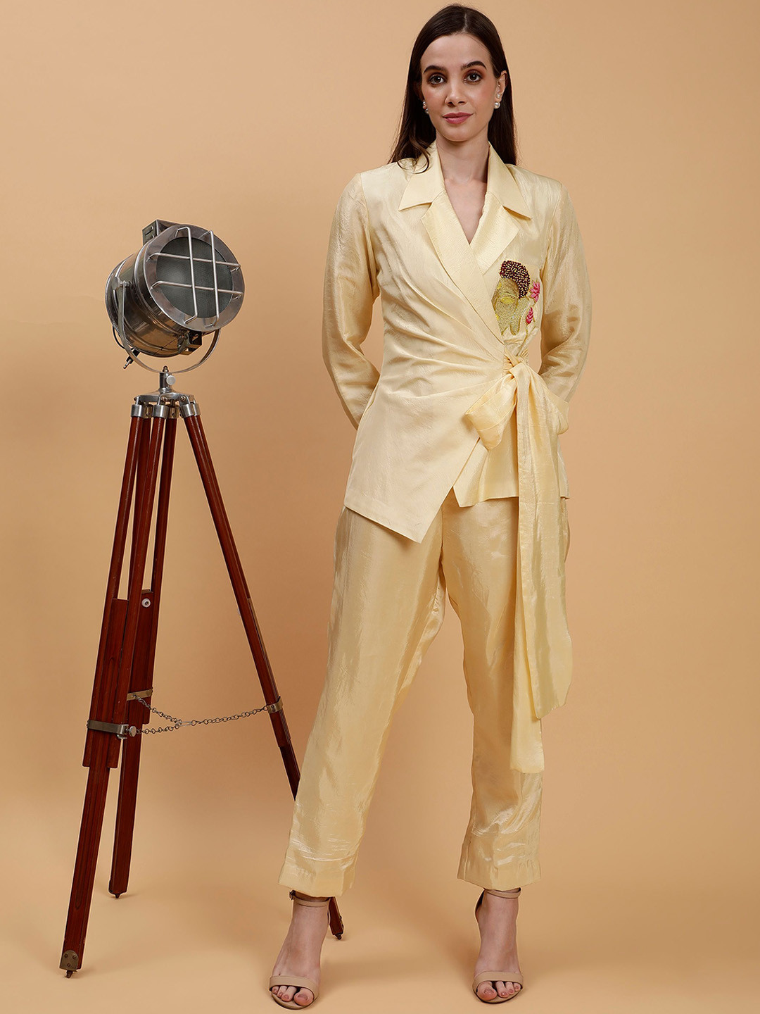 Pearls and Pastels Embroidered Shirt Collar Top With Trousers
