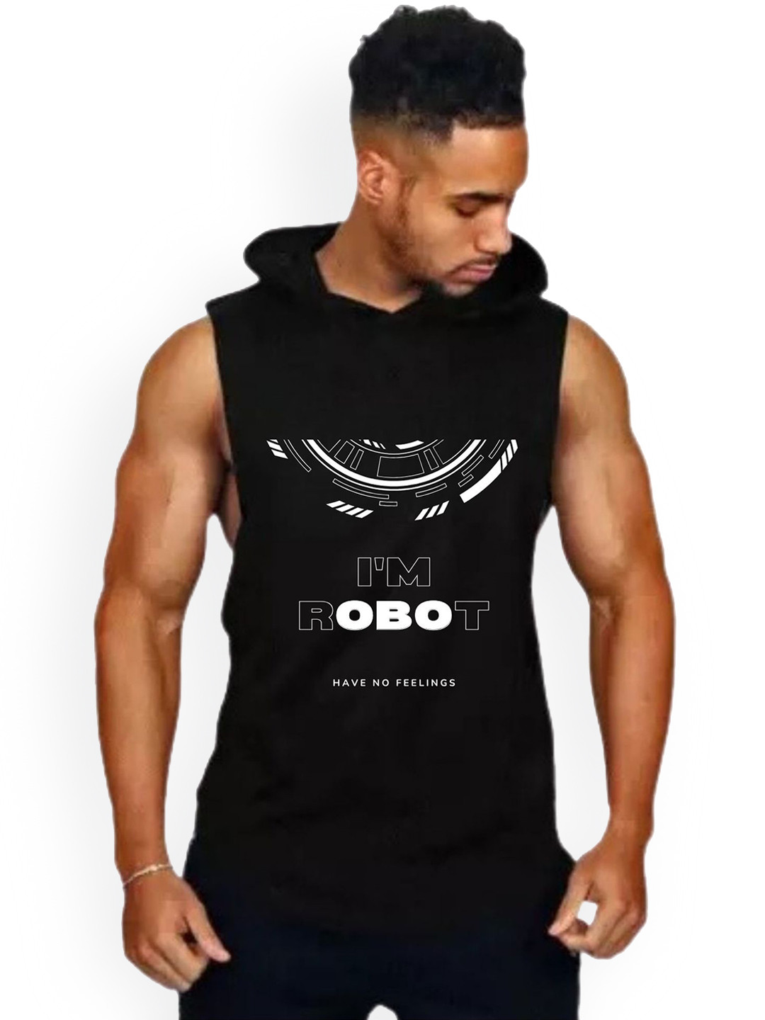 Fashnobic Men Im Robot Printed Hooded Neck Gym Vest