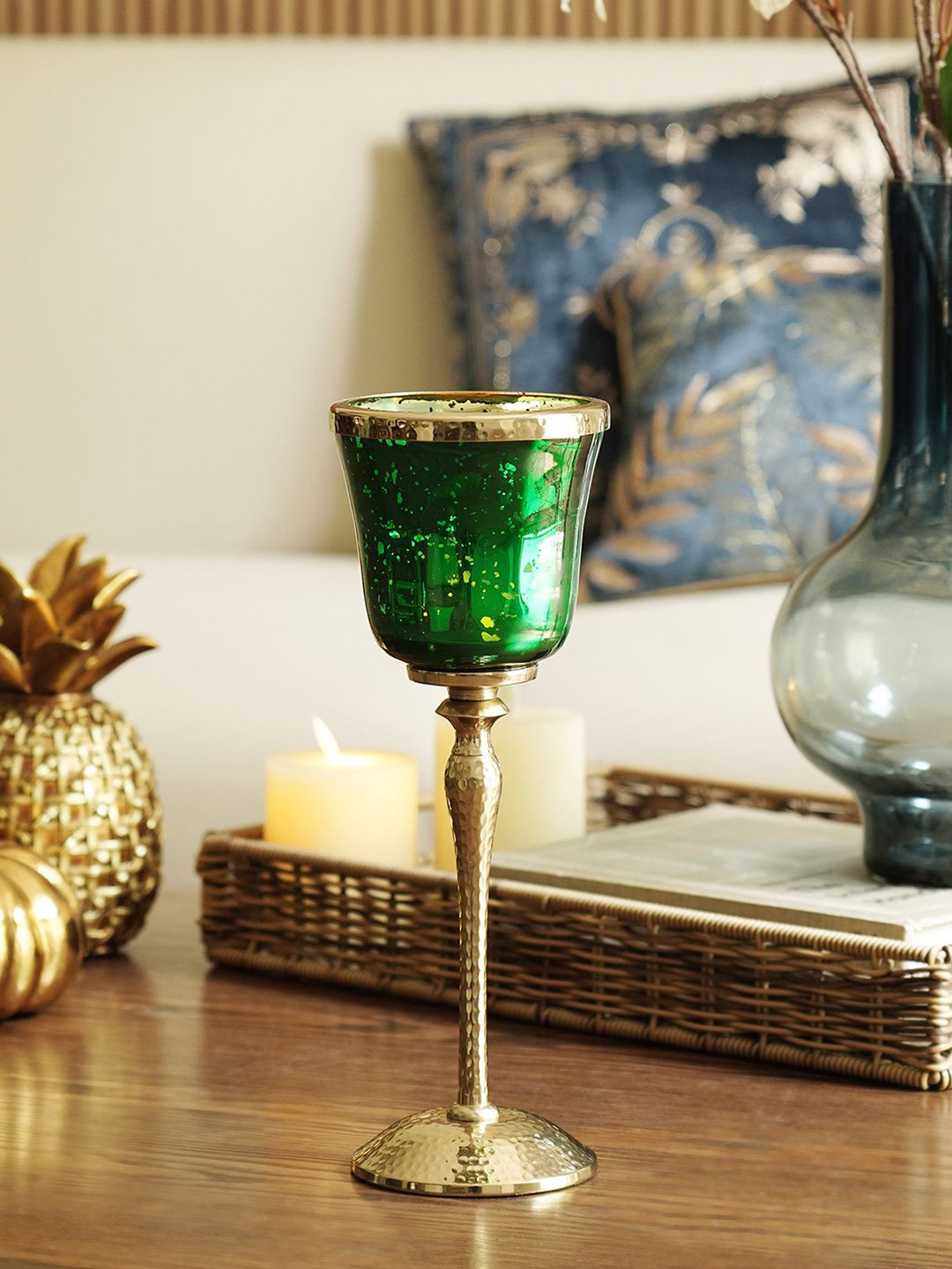 Pure Home and Living Green & Gold-Toned Glass Hurricane Candle Holder
