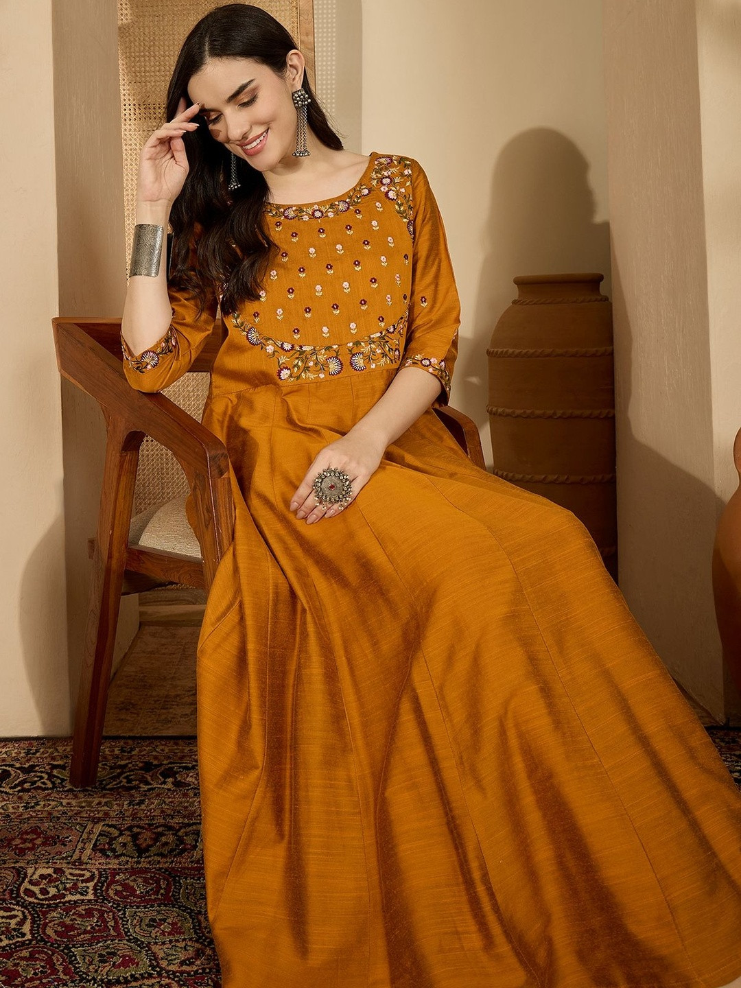 Sangria Women Rust Tread Embroidered Ethnic Dress