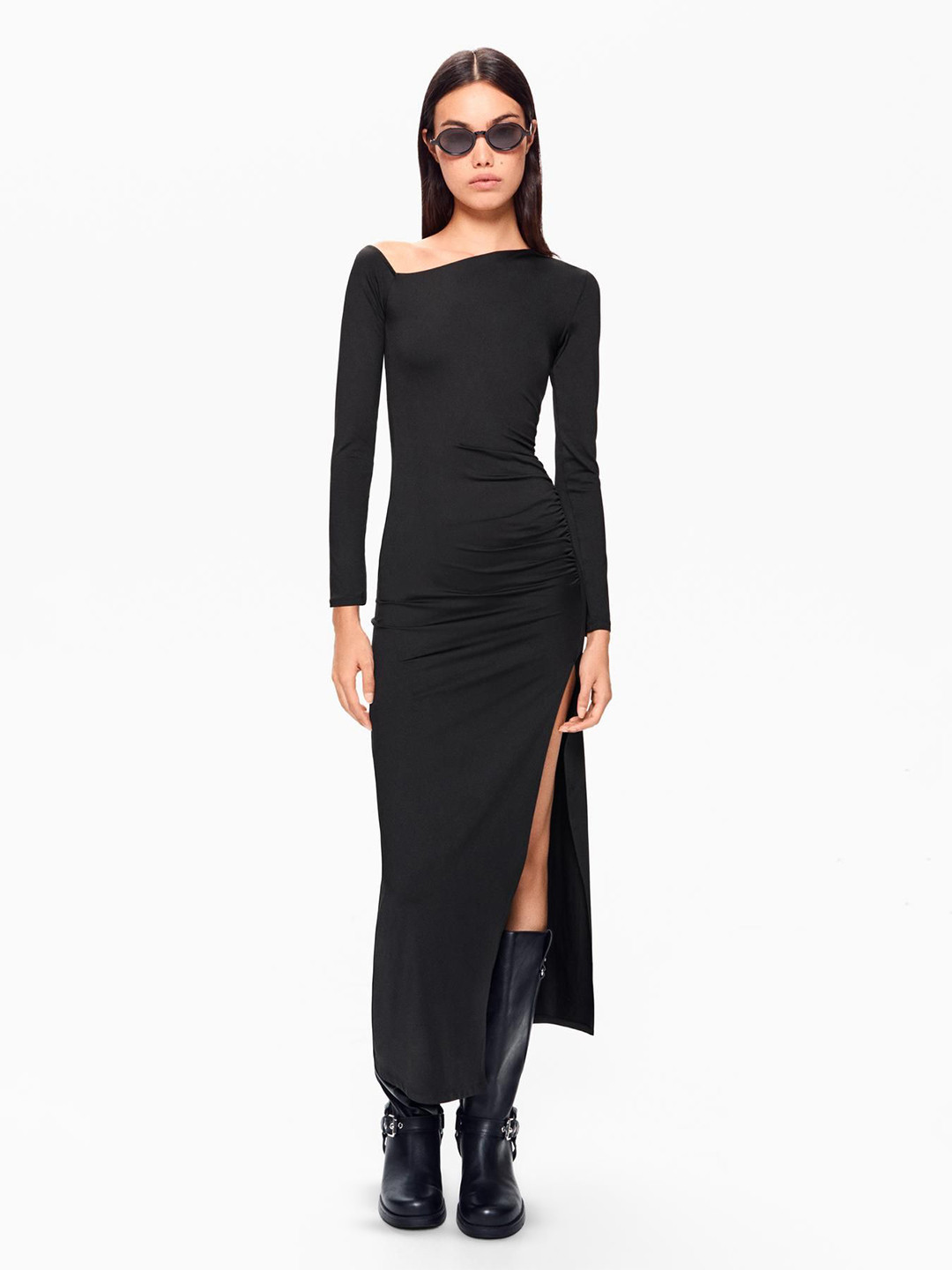 Bershka Gathered or Pleated Asymmetric Long Sleeves Neck Bodycon Maxi Dress