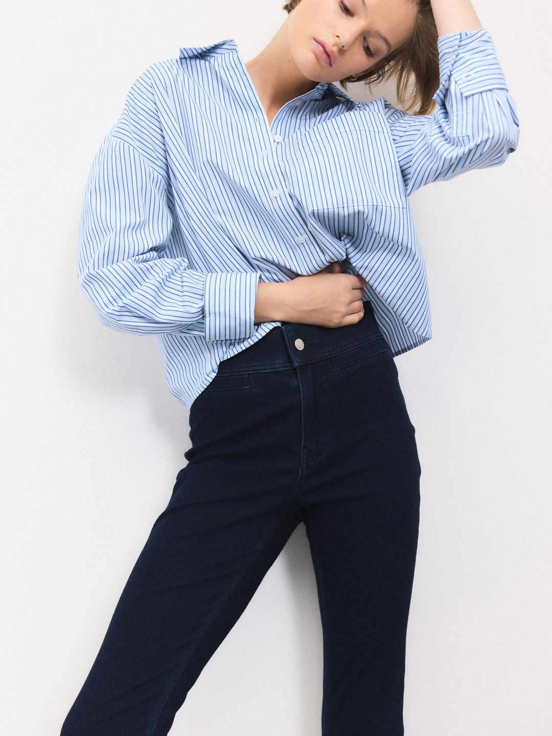 NEXT Vertical Striped Pure Cotton Boxy Cropped Casual Shirt
