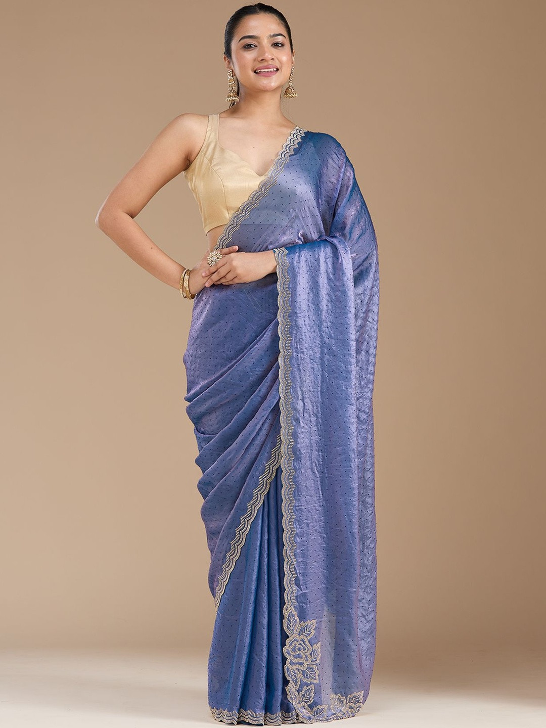 Koskii Women Violet Stonework (Gold) Chiffon Saree