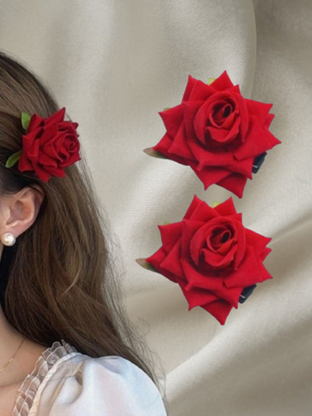DN ENTERPRISES Women Set Of 2 Red Rose Artifical Flower Alligator Hair Clip