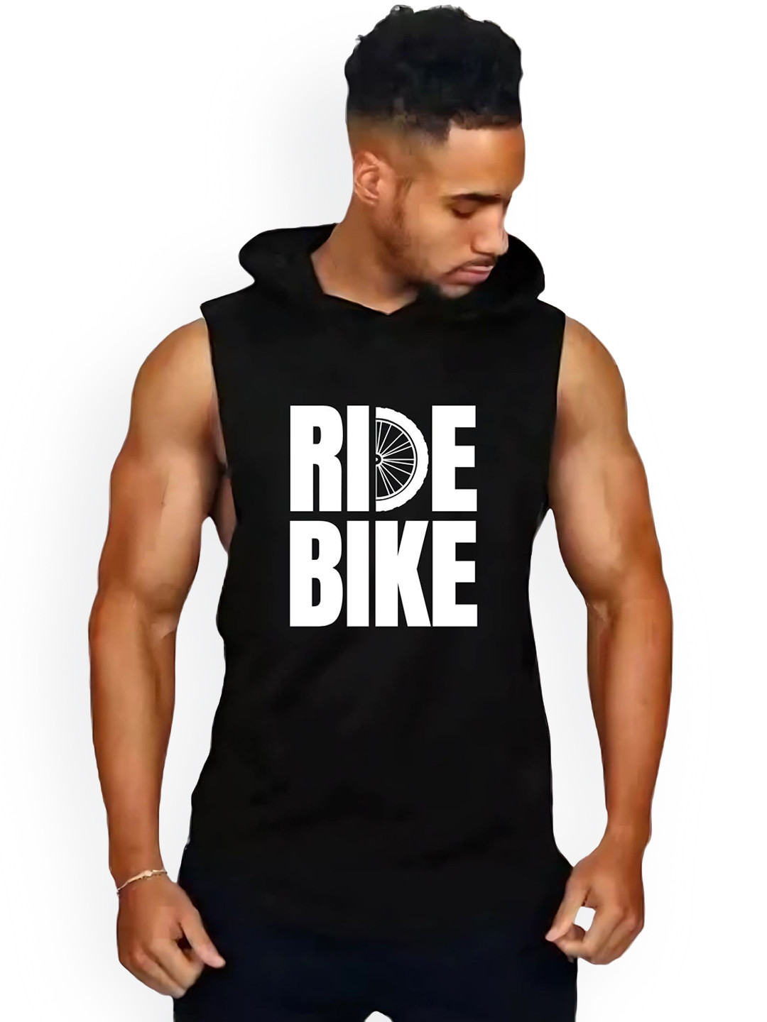Fashnobic Men Ride Bike Printed Hooded Neck Cotton Gym Vest