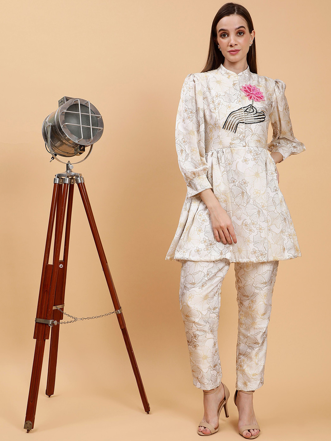 Pearls and Pastels Embroidered Mandarin Collar Top With Trousers