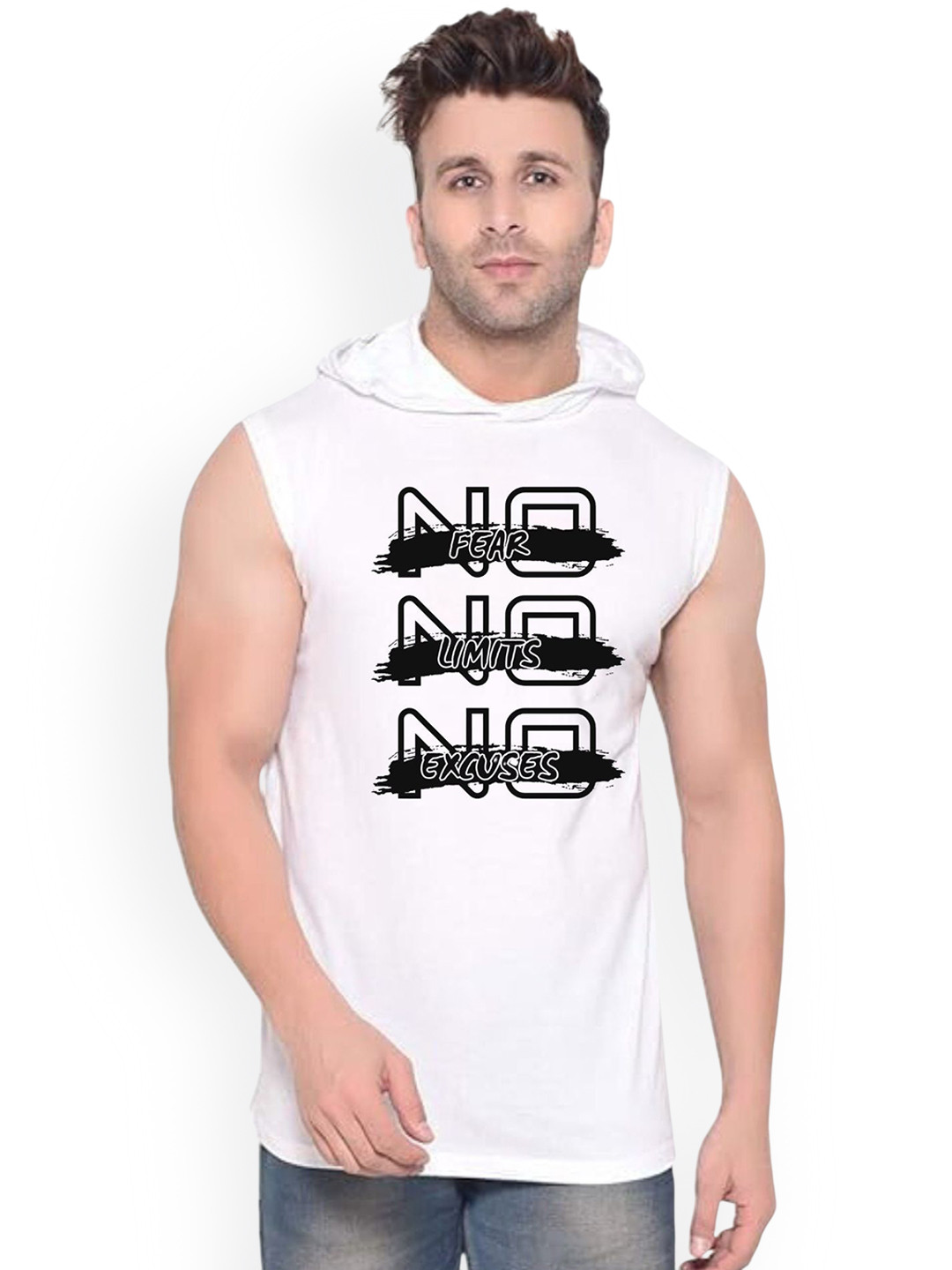 Fashnobic Men No Fear Printed Hooded Neck Gym Vests
