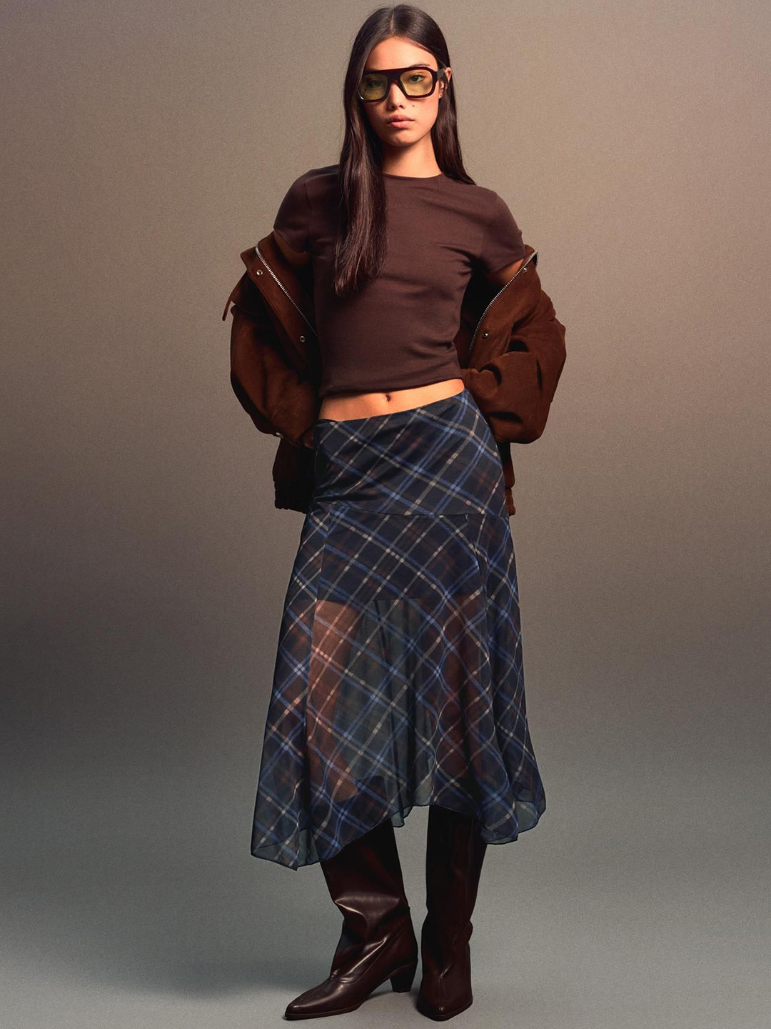 Bershka Asymmetric Check Midi Skirt