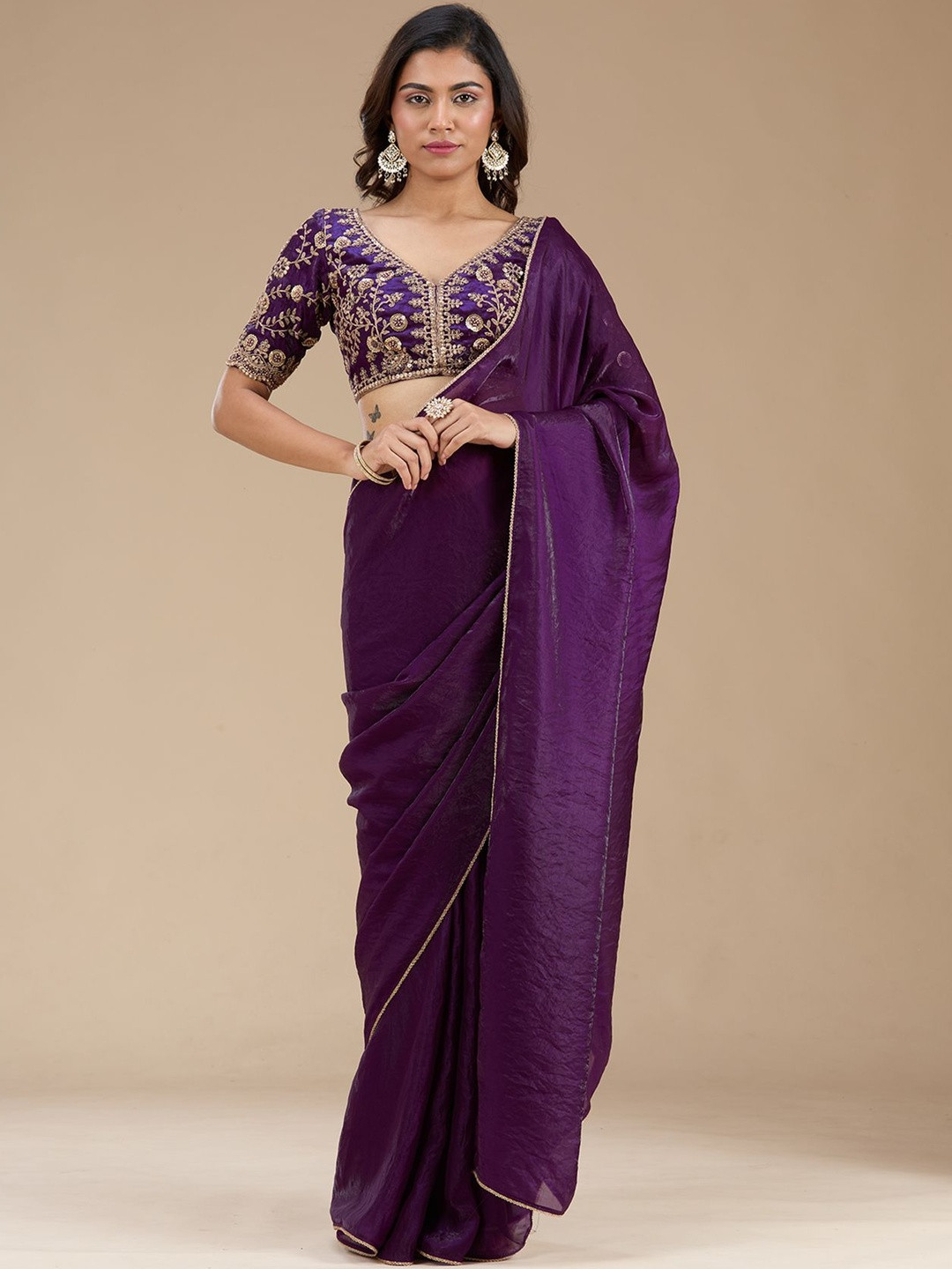 Koskii Purple Sequins Tissue Saree