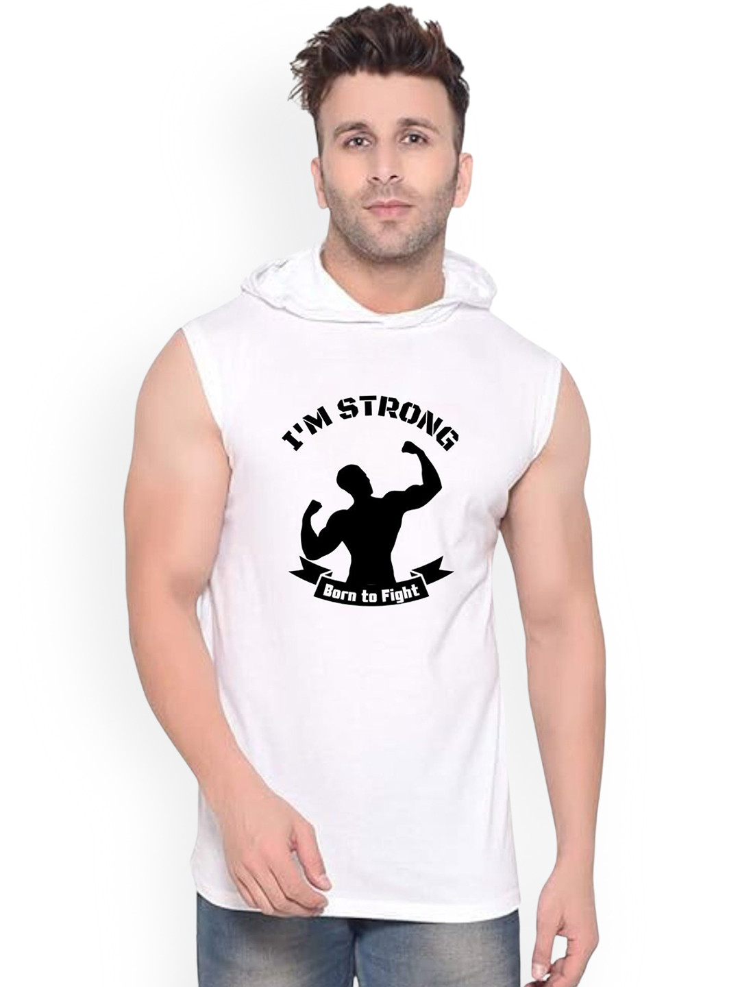Fashnobic Men I Am Strong Printed Hooded-Neck Gym Vests