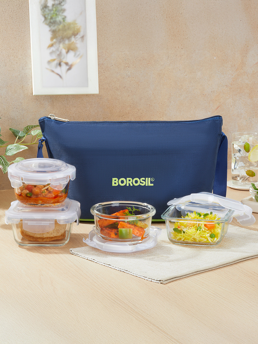 BOROSIL Klip-N-Store Daisy Glass Microwave Safe 4PCs Lunch Box With Spoon and Fork