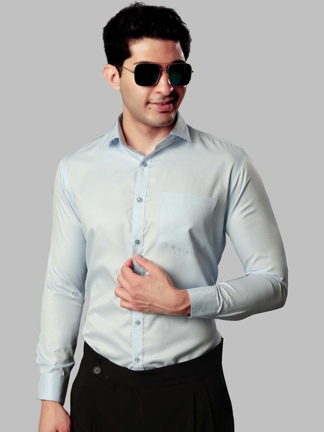 UR ETHICS Men Blue Self Design Slim Fit Premium Semiformal Shirts