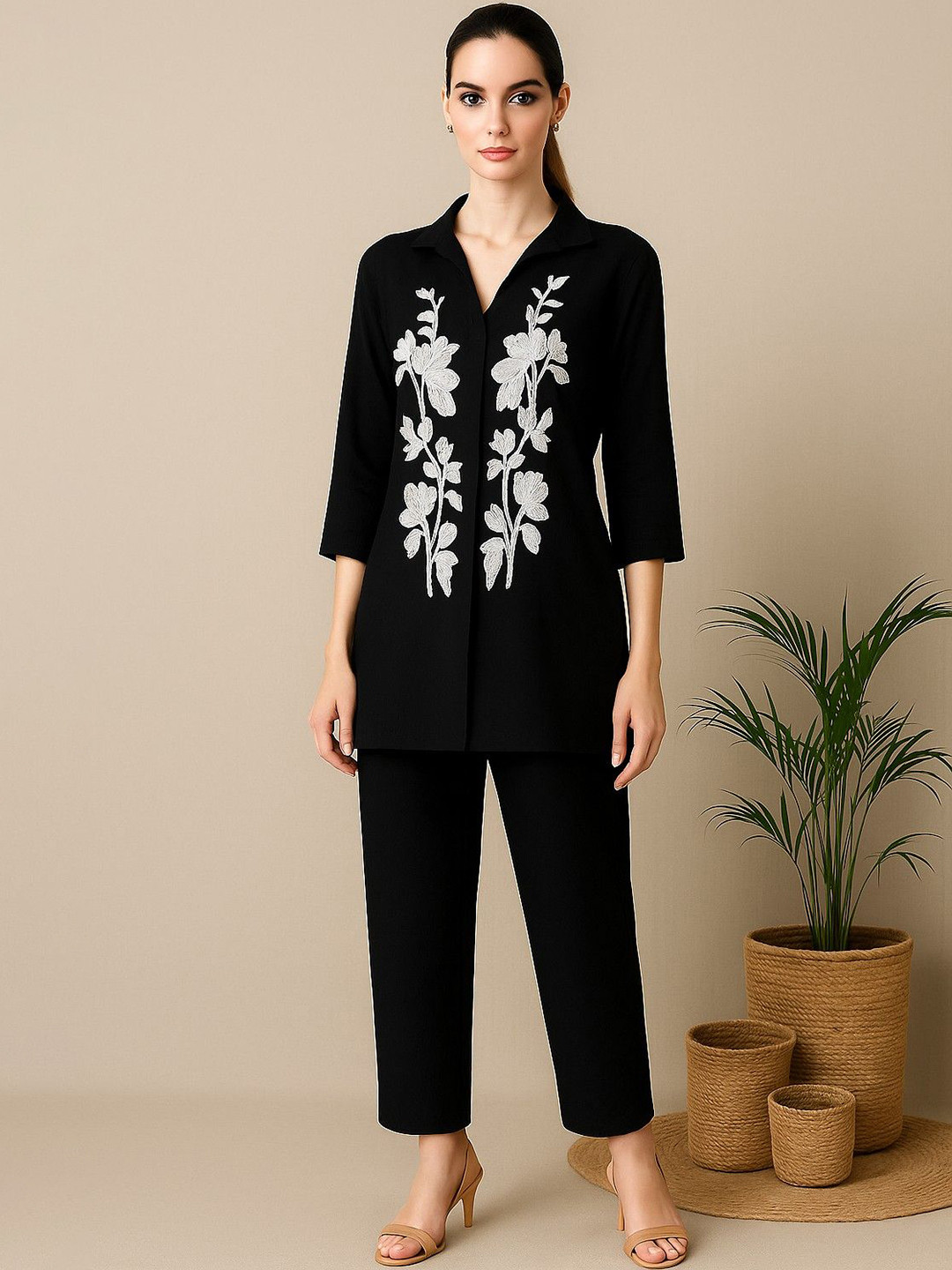 THIRD QUADRANT Floral Embroidered Pure Cotton Shirt Collar Tunic & Trousers