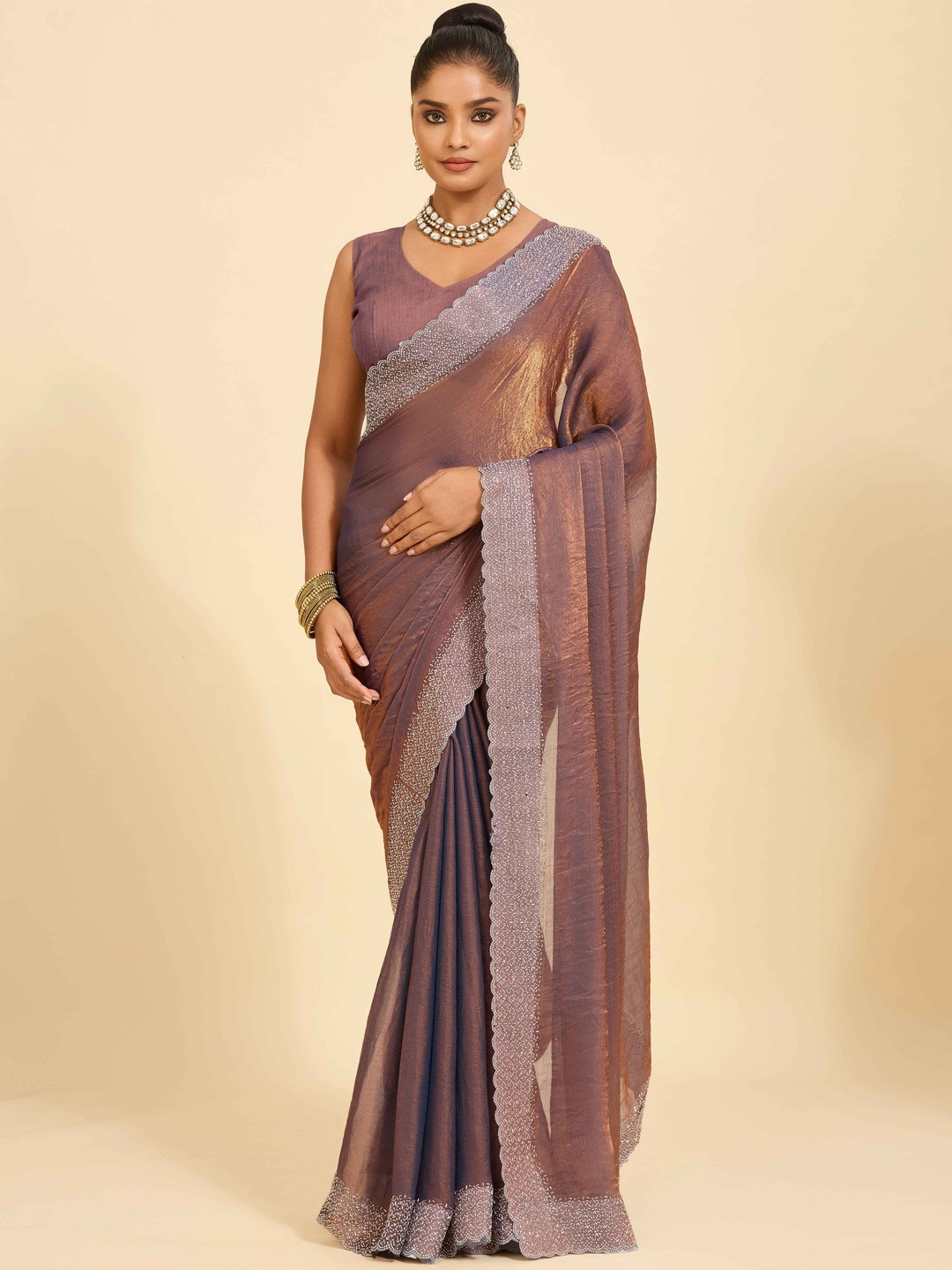 MODEHEAVEN Beads & Stones Saree With Blouse Piece