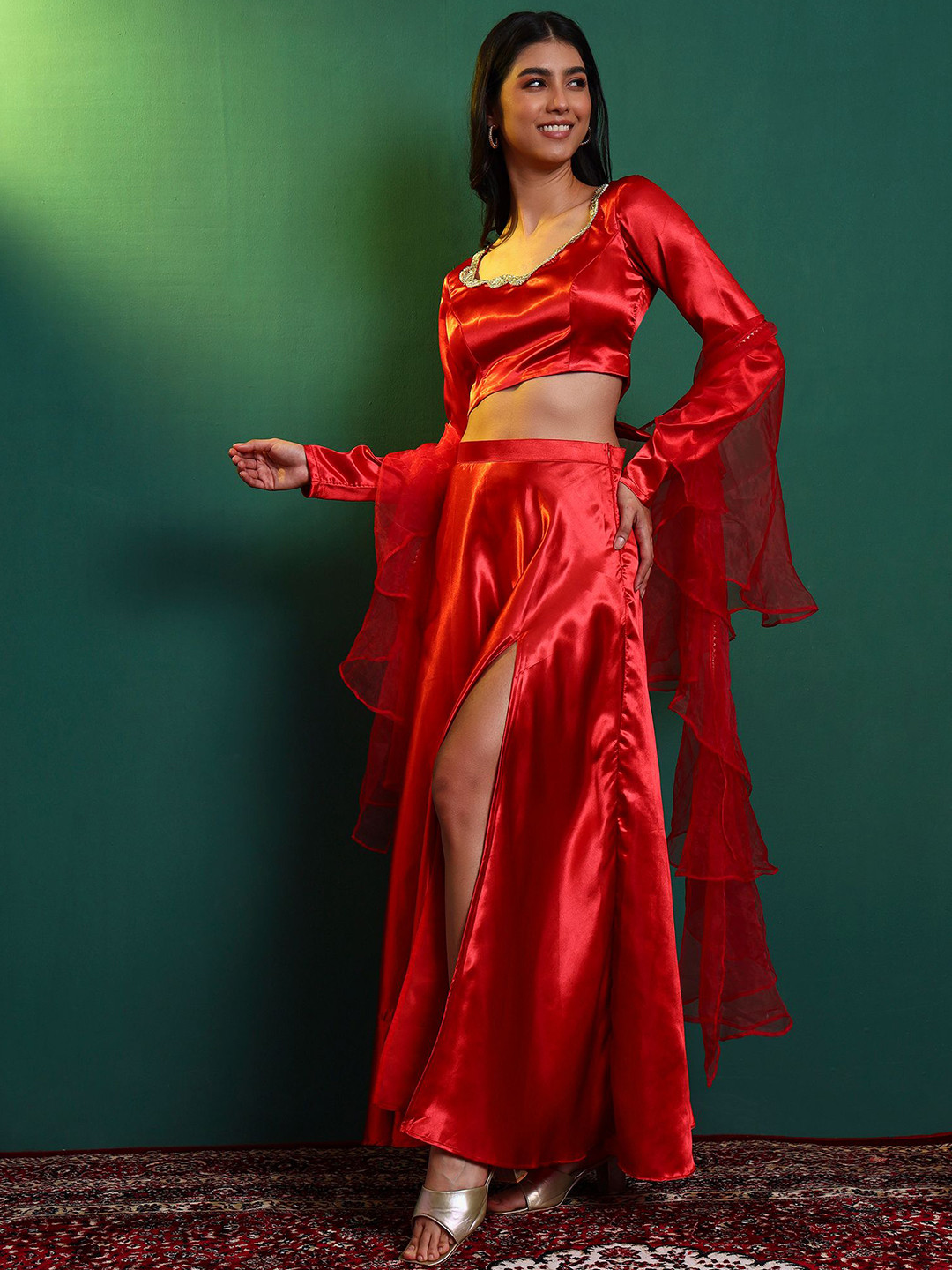 Salvia Sky Embroidered Ready To Wear Satin Lehenga & Blouse With Dupatta