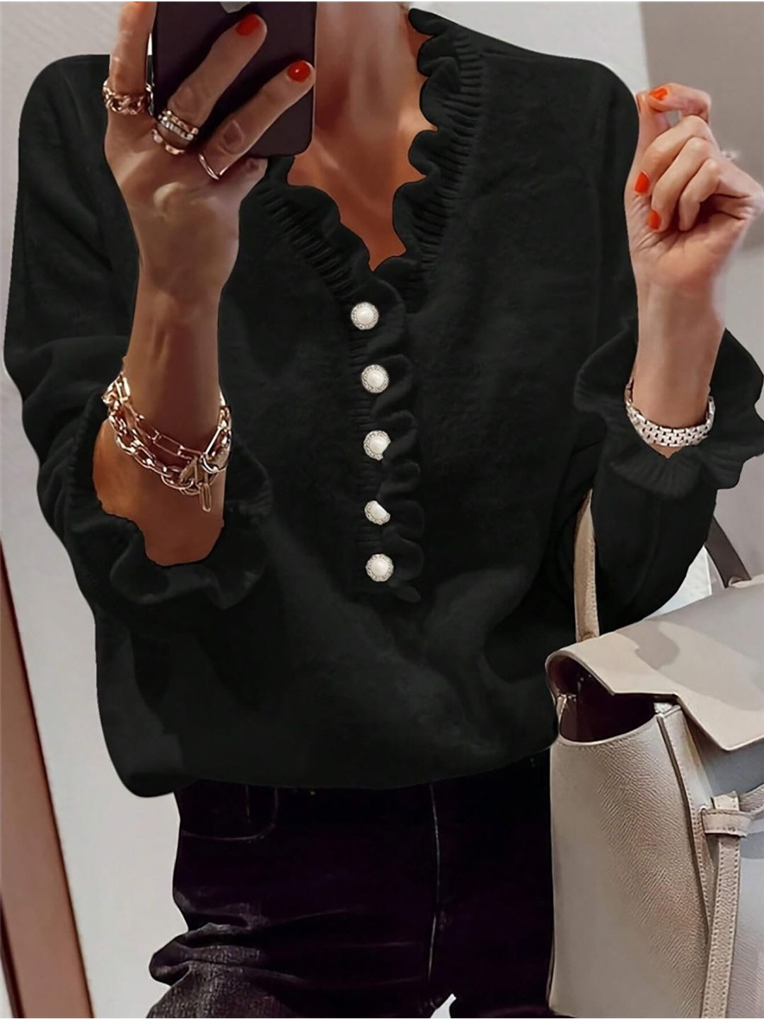 StyleCast Women Ruffle V-Neck Long Sleeve Boxy Top