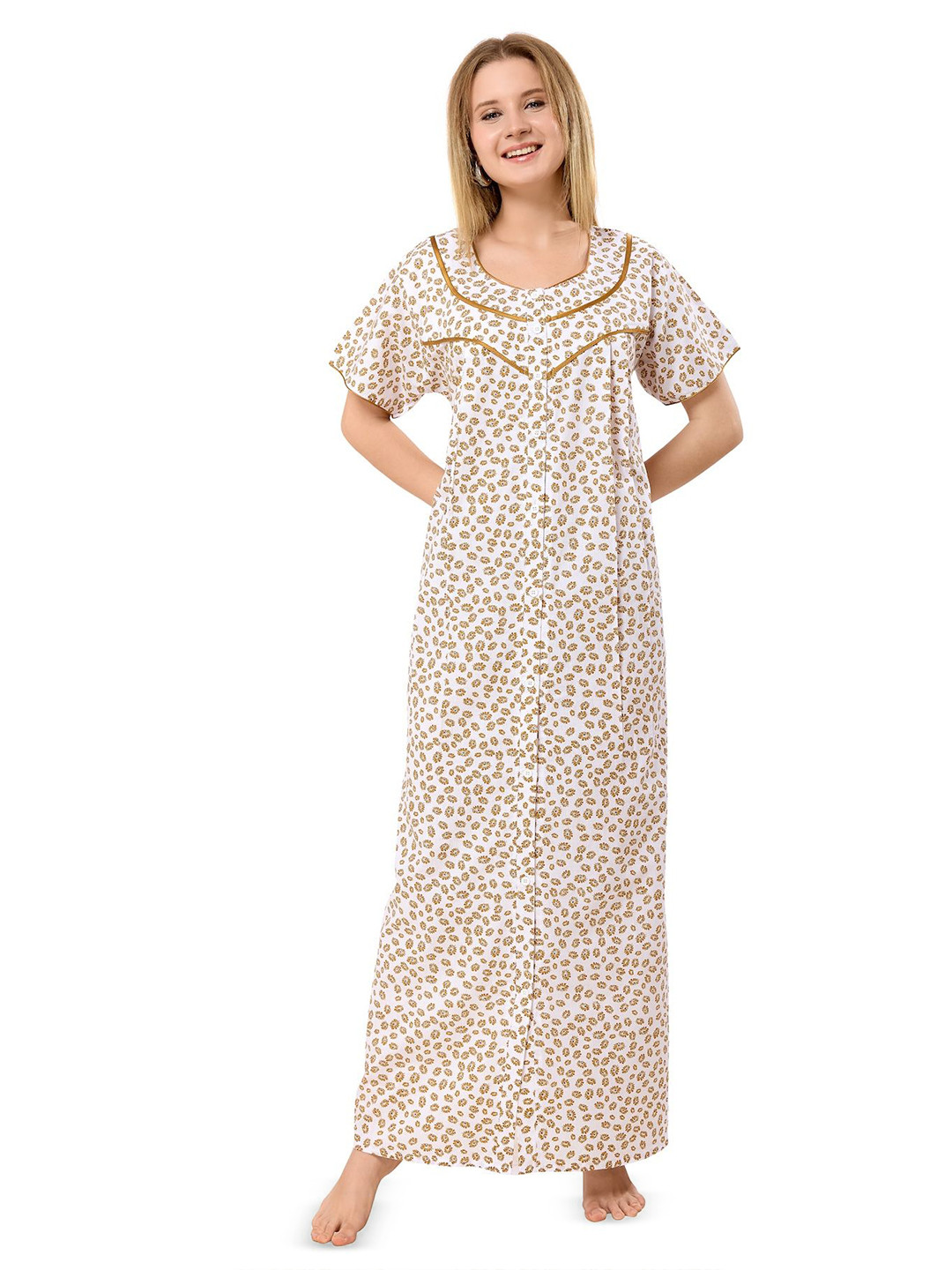 Piu Printed Pure Cotton Full Front Open Maxi Nightdress