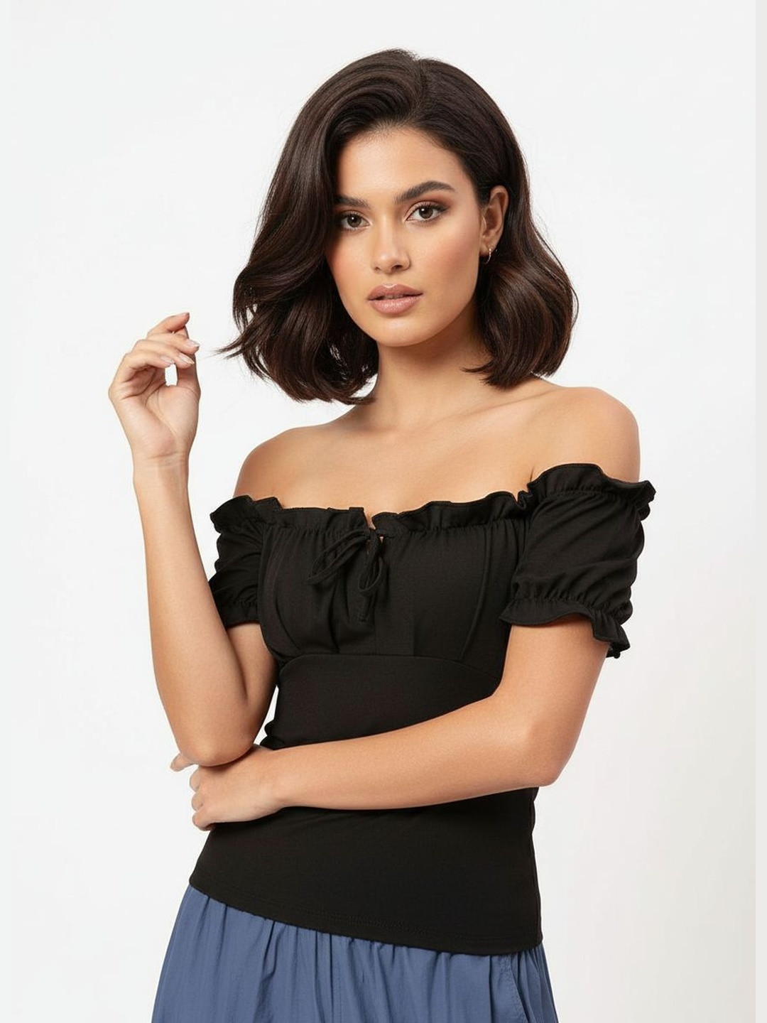 DressBerry Flirtatious Flair Off-shoulder Puff Sleeve Bardot Top