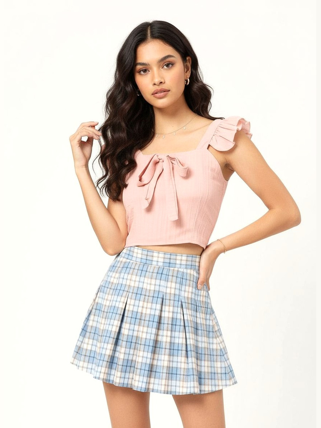 DressBerry Coquette Core Smocked Ruffled Padded Crop Top