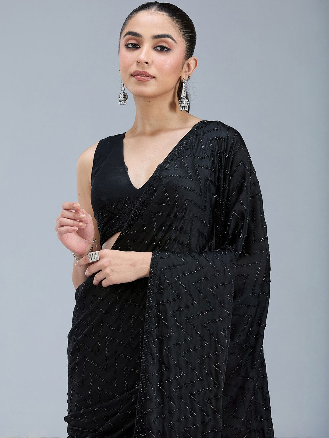 Koskii Black Stonework Organza Saree