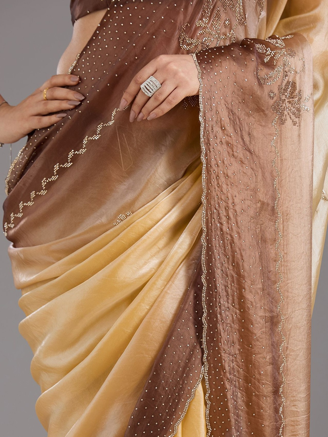 Koskii Beige Stonework Gold Tissue Saree