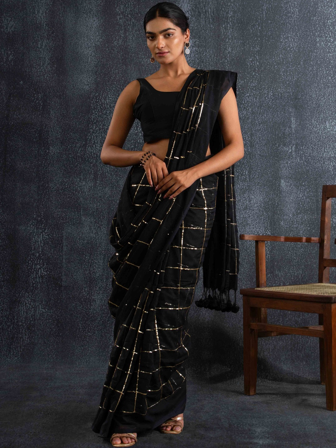 Magga Checked Embellished Sequinned Pure Cotton Saree