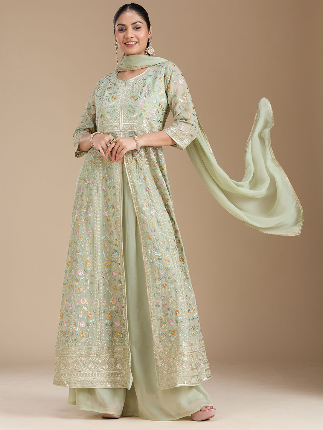 Koskii Women Sea Green Threadwork Georgette Readymade Salwar Suit