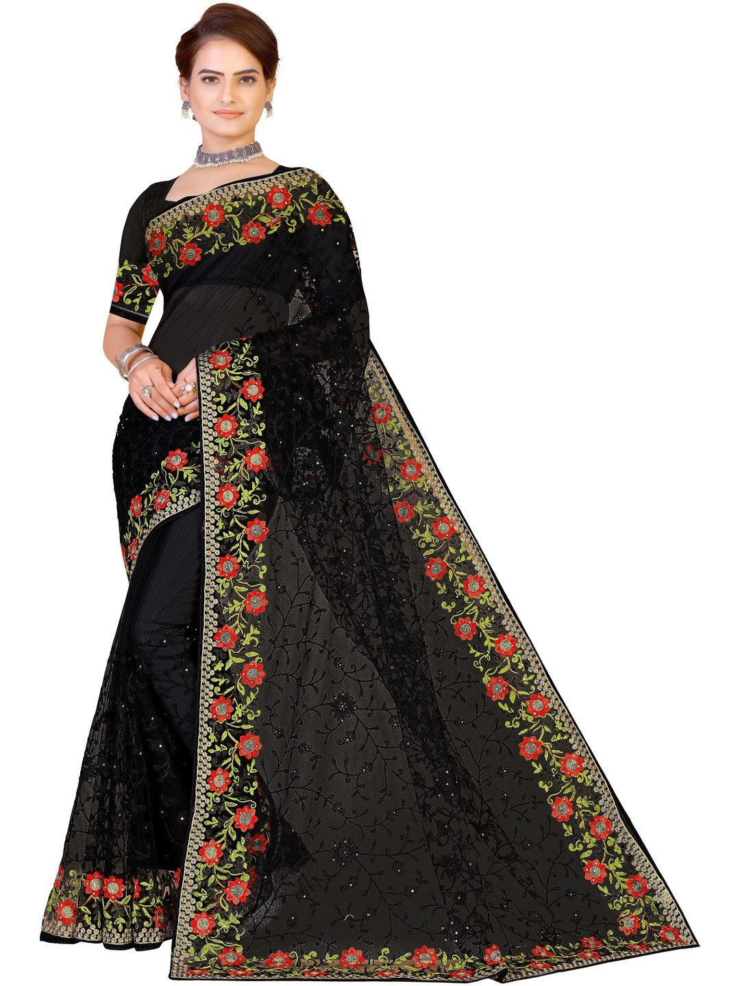 Desi Fusion Floral Embroidered Beads & Stone Detailing Net Saree
