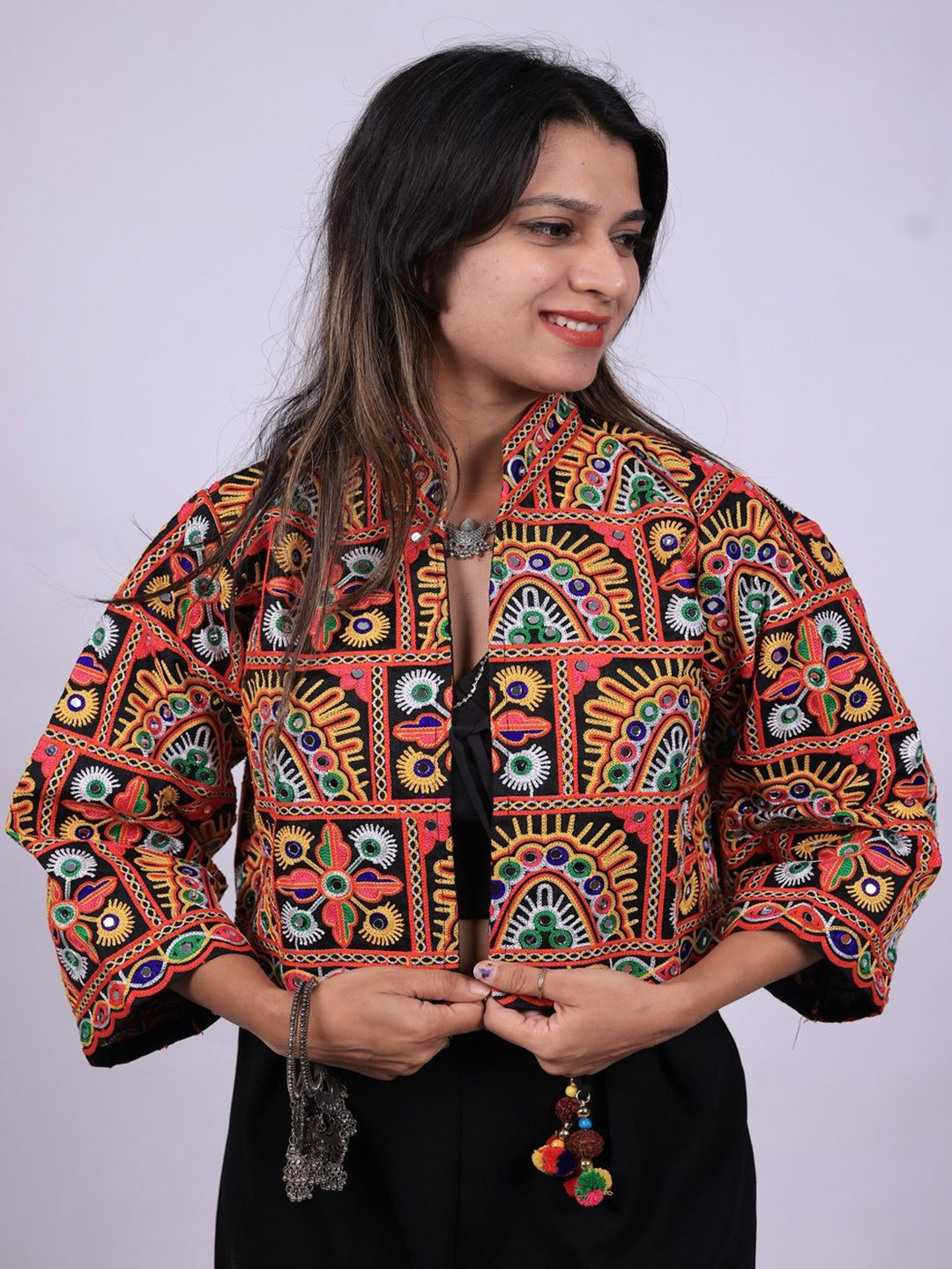 Zarkle Women Mandarin Collar Floral Printed Tailored Cotton Jacket