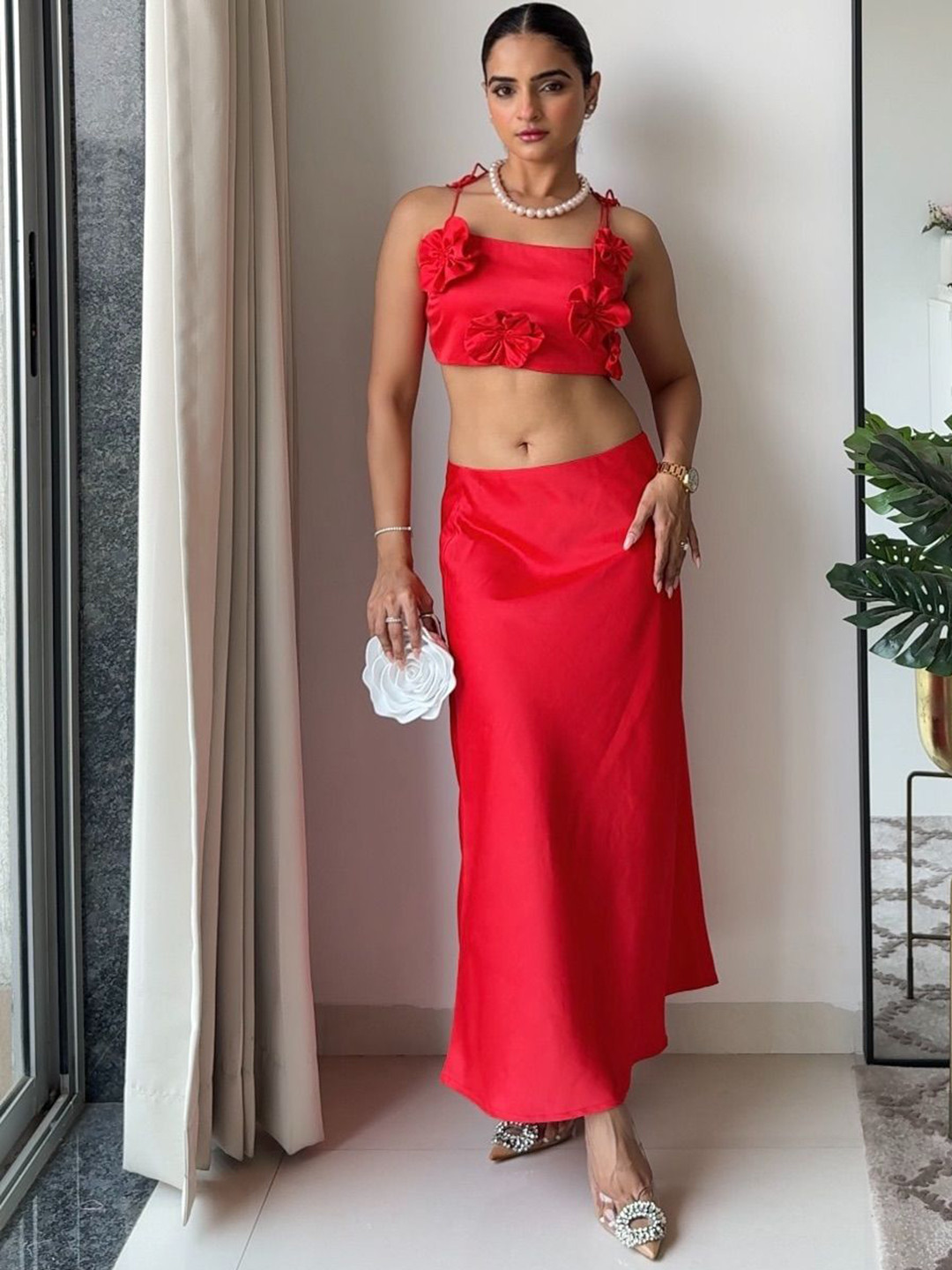 House of Sal Nile Floral-Detailed Satin Cropped Top With Skirt Co-Ords